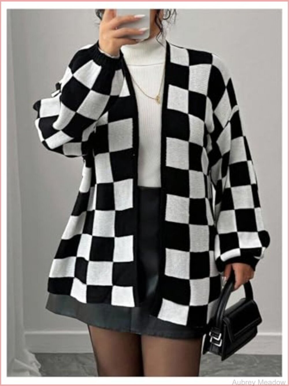 Plus Size Checkered Cardigan Open Front Knit Long Sleeve Sweater - Picture 3 of 6